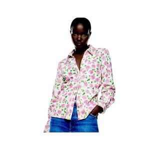 Zara‎ Top Womens Size S White Pink Floral Silky Bloggers Fave Button Up Blouse